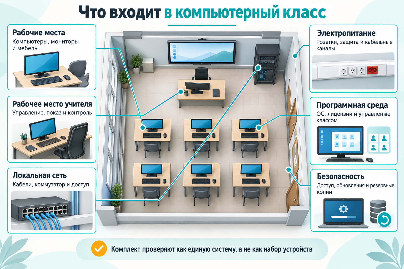 Шесть взаимосвязанных блоков компьютерного класса